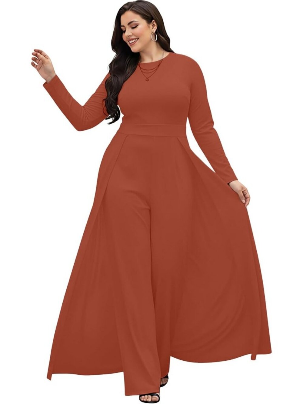 Elegant Long Sleeve Jumpsuit with Pockets, Stretchy Cape Style, Dressy Outfit